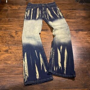 Men's Bootcut Jeans with Distressed Blue and Tan Design